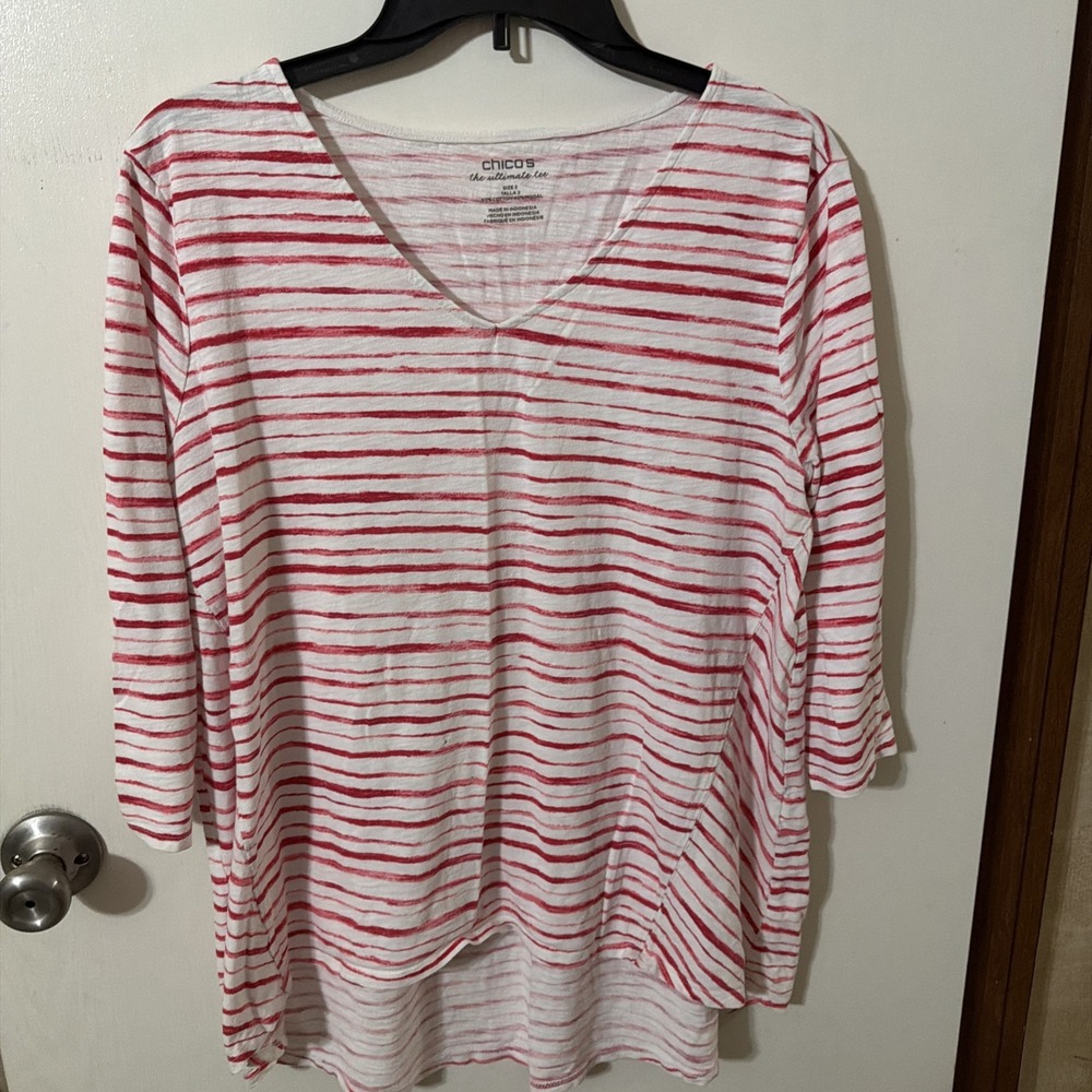 CHICO'S ULTIMATE TEE 2/L  Striped Hi-Lo Modal Blend Top Pink  White